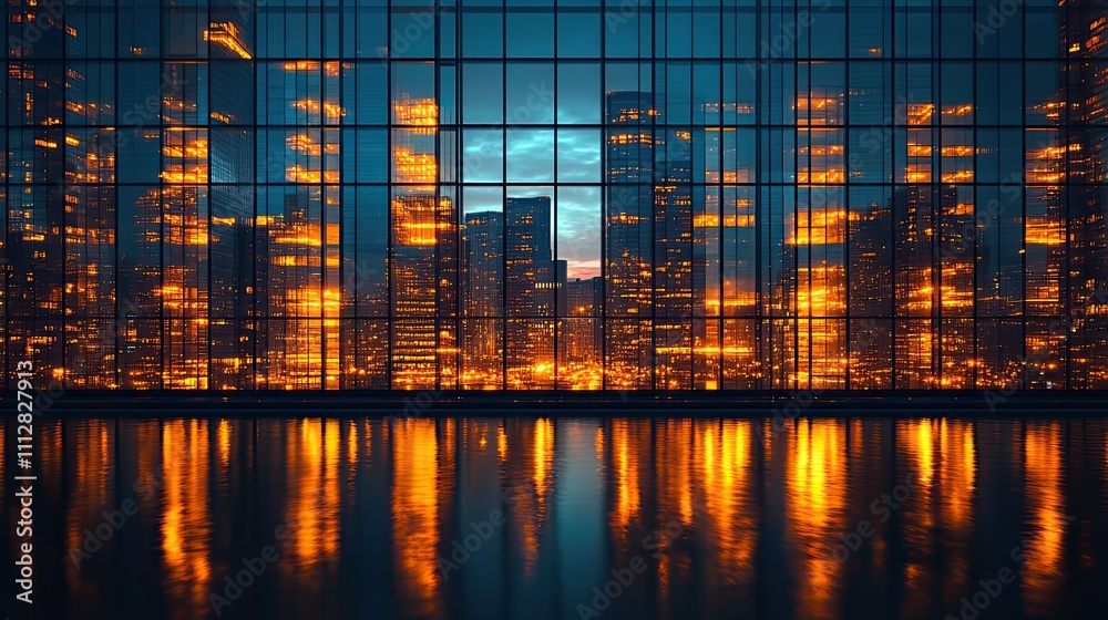 Poster pattern of office buildings windows illuminated at night lighting with glass architecture facade design with reflection urban cit