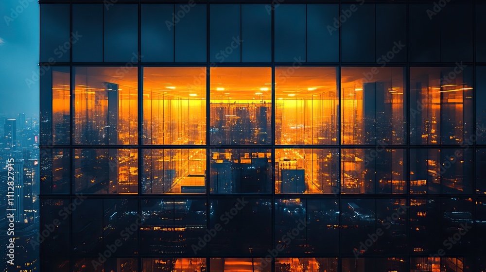 Poster pattern of office buildings windows illuminated at night lighting with glass architecture facade des