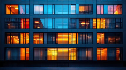 Obraz premium pattern of office buildings windows illuminated at night lighting with glass architecture facade design with reflection urban cit