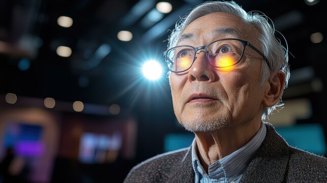 A Elderly man participating in a 360-degree livestream event his glowing amazement taking in every angle