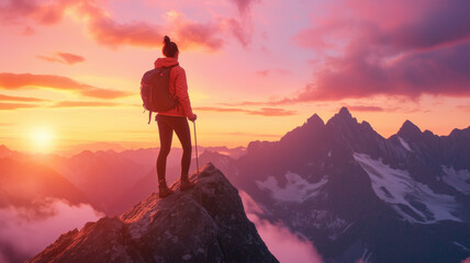 Fototapeta premium Ai generative illustration of woman climbing a mountain in the peak at sunset enjoying the views