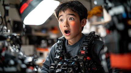 A Teenage boy testing an exoskeleton suit his glowing amazement as he lifts heavy objects effortlessly