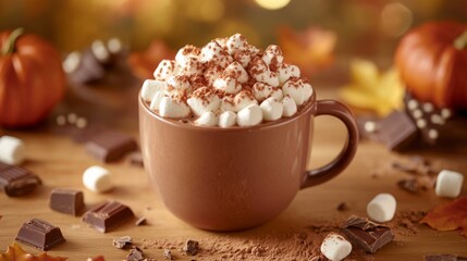 A brown mug filled with hot chocolate topped with marshmallows and cocoa powder sits on a wooden table. Surrounding the mug are pieces of chocolate, cocoa powder, and a pumpkin.