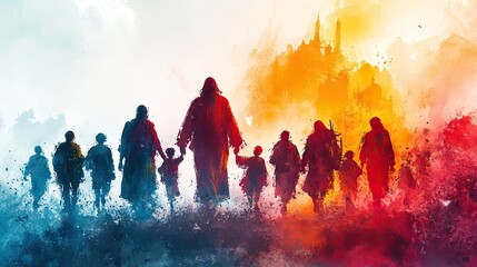 people holding hands with jesus christ digital watercolor painting