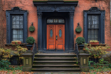 Fototapeta premium Historic Brick House Entrance With Ornate Doorway