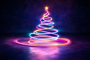 Colorful neon Christmas tree on dark background.
