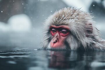 Obraz premium Close-up portrait of primate monkey Japanese macaque Taking a bath in hot spring water with snow around petals on your fur . Copy space on the left of the photograph. AI