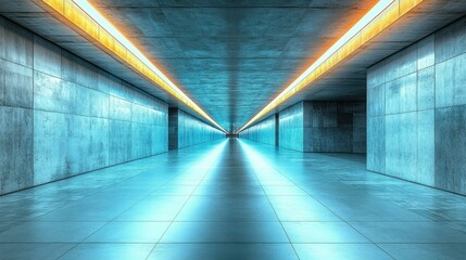 Neon Lights Display. Futuristic corridor interior design with glowing neon lights, modern architecture for technology, sci-fi backgrounds, events, exhibitions, digital art installations, blue tones,
