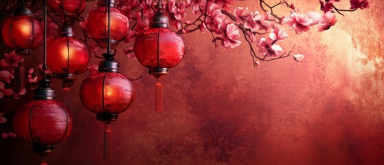 Fototapeta premium Chinese New Year A red and gold background with red lanterns hanging from a tree