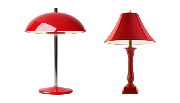 Modern and classic red table lamps image isolated transparent, ai generated. Decorative lighting cut out photo png. Versatile accessories. Interior decor essentials cutout objects set photography