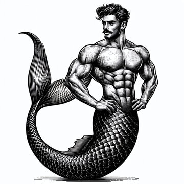 recommend clip art: Muscular merman with a vintage style, featuring strong physique and retro hairstyle sketch engraving. Scratch board imitation. Black and white image. Generative AI.