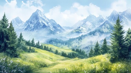 Fototapeta premium A serene landscape featuring majestic mountains and lush greenery under a bright blue sky.