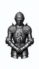 Medieval knight in full plate armor, classic armor design with lion emblems sketch engraving. Scratch board imitation. Black and white.Generative AI.