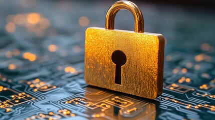 Cybersecurity Threat Protection. Golden padlock security symbol on digital circuit board representing cybersecurity protection data safety concept, ideal for technology, IT, finance, and online priva