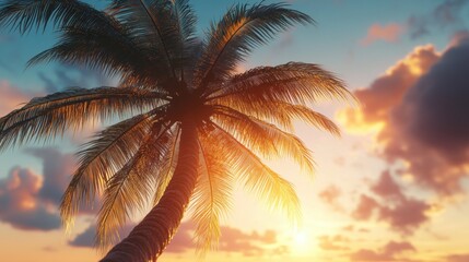 A majestic palm tree silhouetted against a vibrant sunset sky, capturing the essence of a tropical paradise.