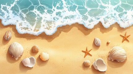A serene sandy beach with seashells and starfish, capturing the essence of a tranquil coastal escape.