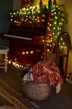 wicker wooden basket with blankets