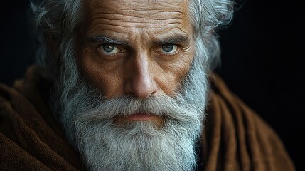 portrait of an old patriarch with a long gray beard and mustache in a brown shawl biblical character
