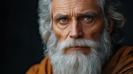 portrait of an old patriarch with a long gray beard and mustache in a brown shawl biblical character