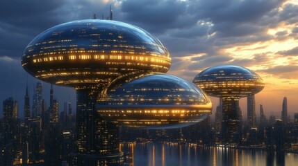 Obraz premium Light Hovering Vehicles. Futuristic cityscape with glowing flying saucer buildings at sunset, advanced technology concept, sci-fi background for innovation, urban development, fantasy art, evening sk