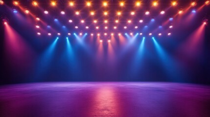 Vibrant and dynamic stage lighting in shades of blue and orange, creating a lively atmosphere for performances.