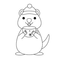 Cute Christmas Quokka with cup in black and white