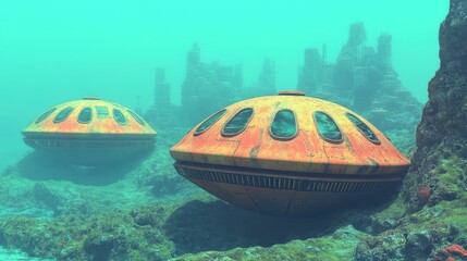 Deep Sea Exploration. Futuristic underwater drones exploring vibrant coral reefs for marine research, oceanic conservation projects, sci-fi presentations, or technology backgrounds with blue-green hu