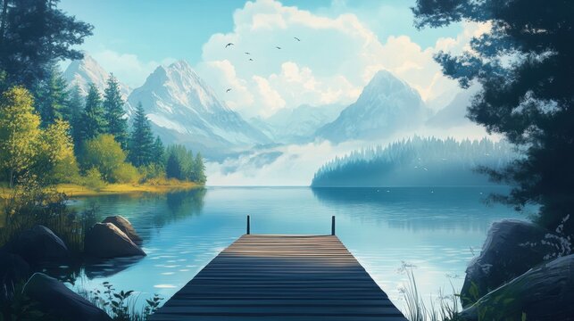 A serene lake scene with a wooden dock extending into turquoise waters, surrounded by majestic mountains and lush greenery.