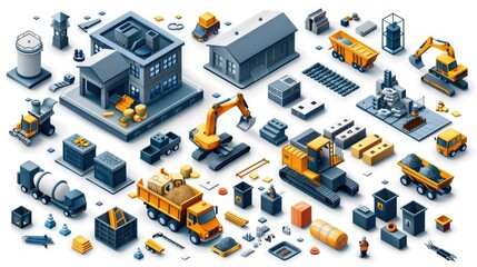 Fototapeta premium Isometric illustration of construction site with machinery, buildings, and materials.