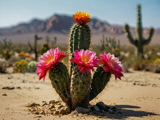  A cactus blooming vibrant flowers in the middle of a sandy desert