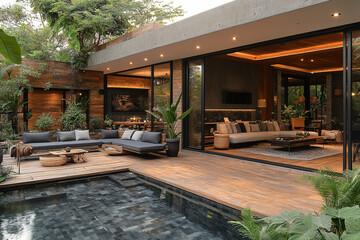 Modern Tropical Home Exterior With Pool And Lush Greenery