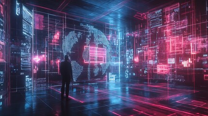 A man stands in a room with a large glowing globe in the center