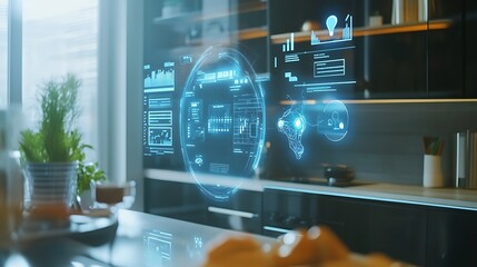 A kitchen with a computer screen showing a virtual world