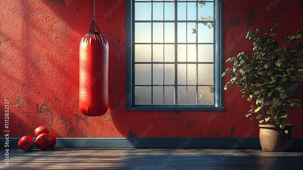 Poster punching bag in a boxing gym dumbbell and boxing glove on a cream background simple concept for a sport 3d rendering for backgrounds in picture frames presentations and web page