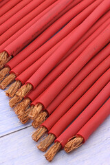 Copper electrical installation wires in colored insulation. Close-up. Soft focus.