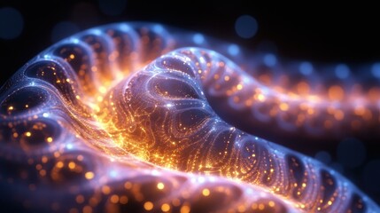 Virtual Reality Innovations. Futuristic glowing digital worm or abstract neon light tube, technology background for innovation, science fiction, virtual reality, glowing particles in dark blue and or