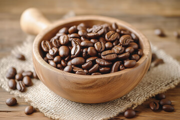 Fototapeta premium Roasted coffee beans inside a rustic hand-carved wooden bowl on an antique wooden table. AI