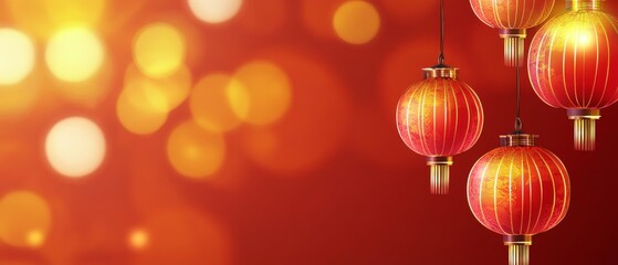 Fototapeta premium Chinese New Year A red background with four red lanterns hanging from the ceiling