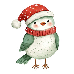 Bird in Santa's red hat, christmas watercolor clipart. transparent background, png. children's illustration.