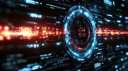Digital Security Interface. Futuristic digital interface with glowing blue circular HUD elements processing data for technology backgrounds, UI design, cybersecurity concepts, innovation presentation