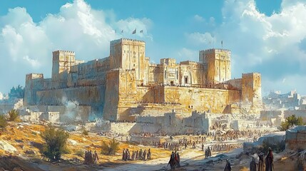 Fototapeta premium rebuilding the temple of jerusalem ezra 1 6 haggai 1 2 digital watercolor illustration