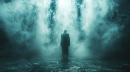 resurrection mysterious silhouette of a man in a dark room with light coming through the darkness