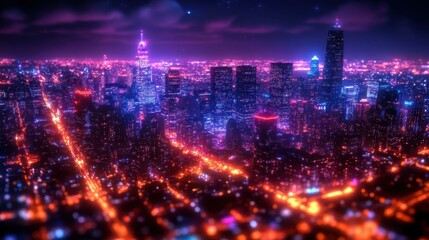 Obraz premium Urban Neon Skyline. Synthwave Ai rendering waifu2x Pink noise Lofi music Thumbnail Into the Cryptoverse ifree Proptech Artlist Night cityscape aerial view with blurred glowing lights and skyscrapers,