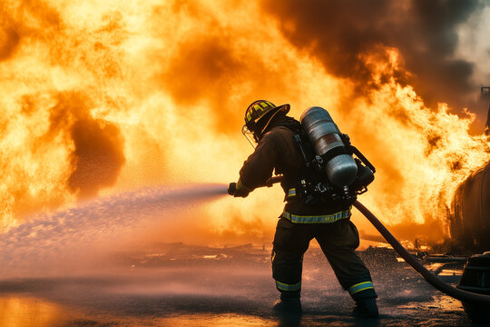 Side view of a firefighter equipped with a fireproof suit and oxygen trying to put out a fire with a giant hose expelling water. AI