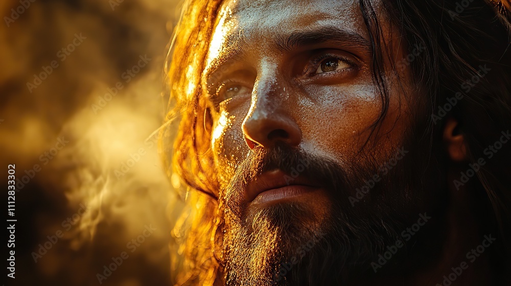 Poster resurrection portrait of jesus christ on a foggy background with space for text