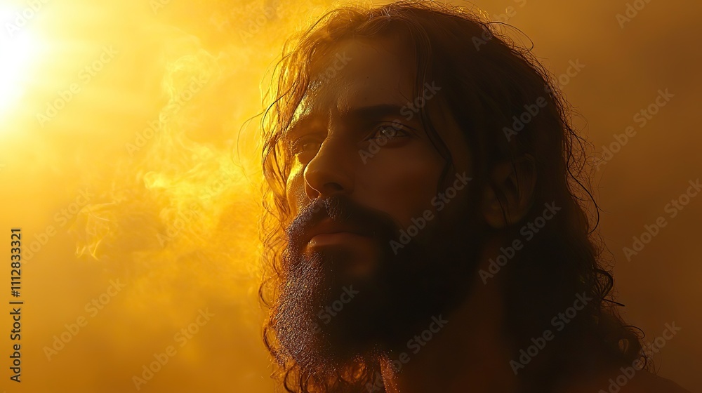 Poster resurrection portrait of jesus christ on a foggy background with space for text