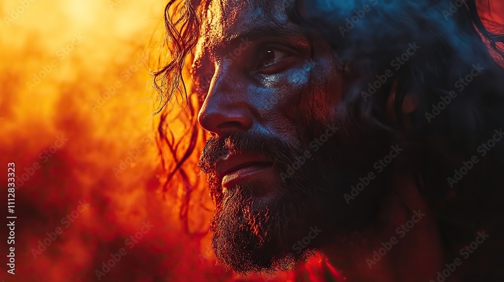 Poster resurrection portrait of jesus christ on a foggy background with space for text