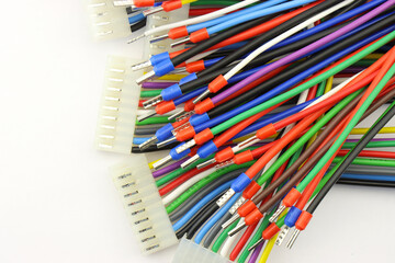 Copper electrical installation wires in colored insulation. Close-up. Soft focus.