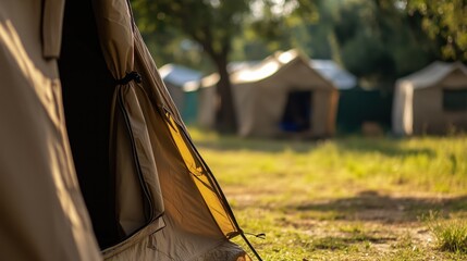Outdoor refugee or homeles camp with tents during sunny day in nature