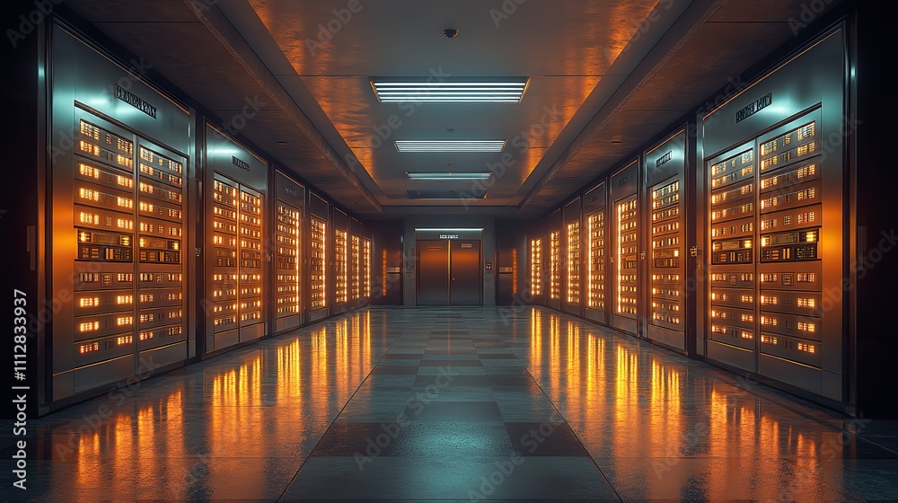 Poster safe deposit boxes and realistic lockers for safe keeping in 3d a group of steel vaults with code locks for personal use in subterranean or basement storag